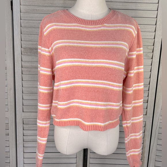 COLSIE Cozy Chenille Sweater Cropped Crewneck Peach/Multi Stripe-Large - Picture 1 of 2